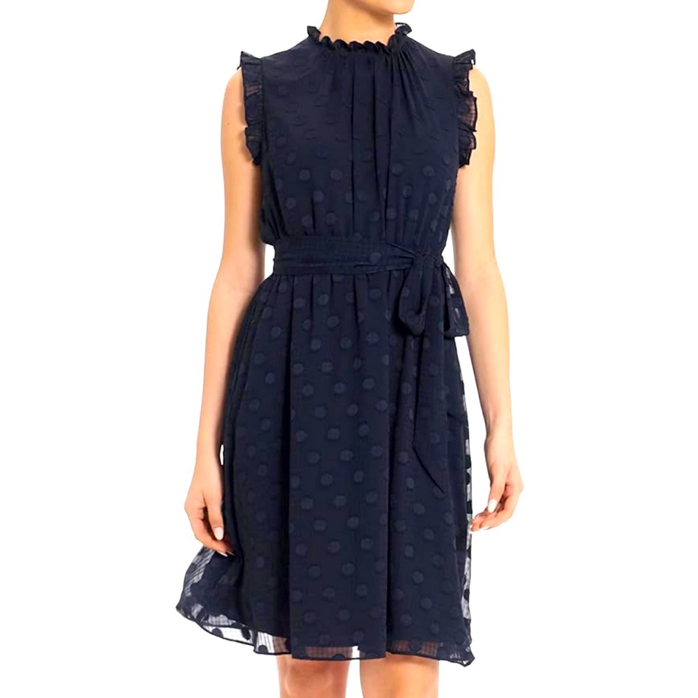 New Maggy London Women's Ruffle Neck and Arm Dress with Waist Tie Size 16